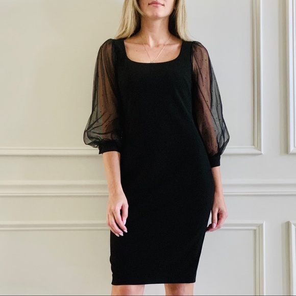 {Calvin Klein} Black Sheer Puff Sleeve Dress - Picture 1 of 7
